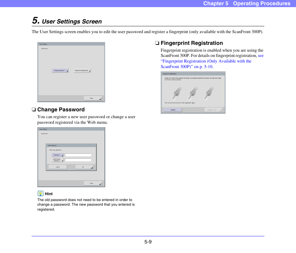 User settings screen, Change password, Fingerprint registration | User settings screen -9, Change password -9 fingerprint registration -9, See p. 5-9.), See “user, Settings screen” on p. 5-9.) | Canon SCANFRONT 300P User Manual | Page 61 / 193