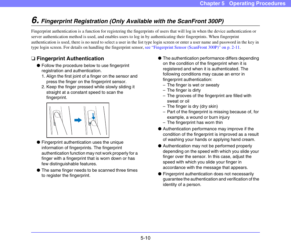 Fingerprint authentication, Fingerprint registration (only available, With the scanfront 300p) -10 | Fingerprint authentication -10, Fingerprint registration, Only available with the scanfront 300p) -10, See p. 5-10.) | Canon SCANFRONT 300P User Manual | Page 62 / 193