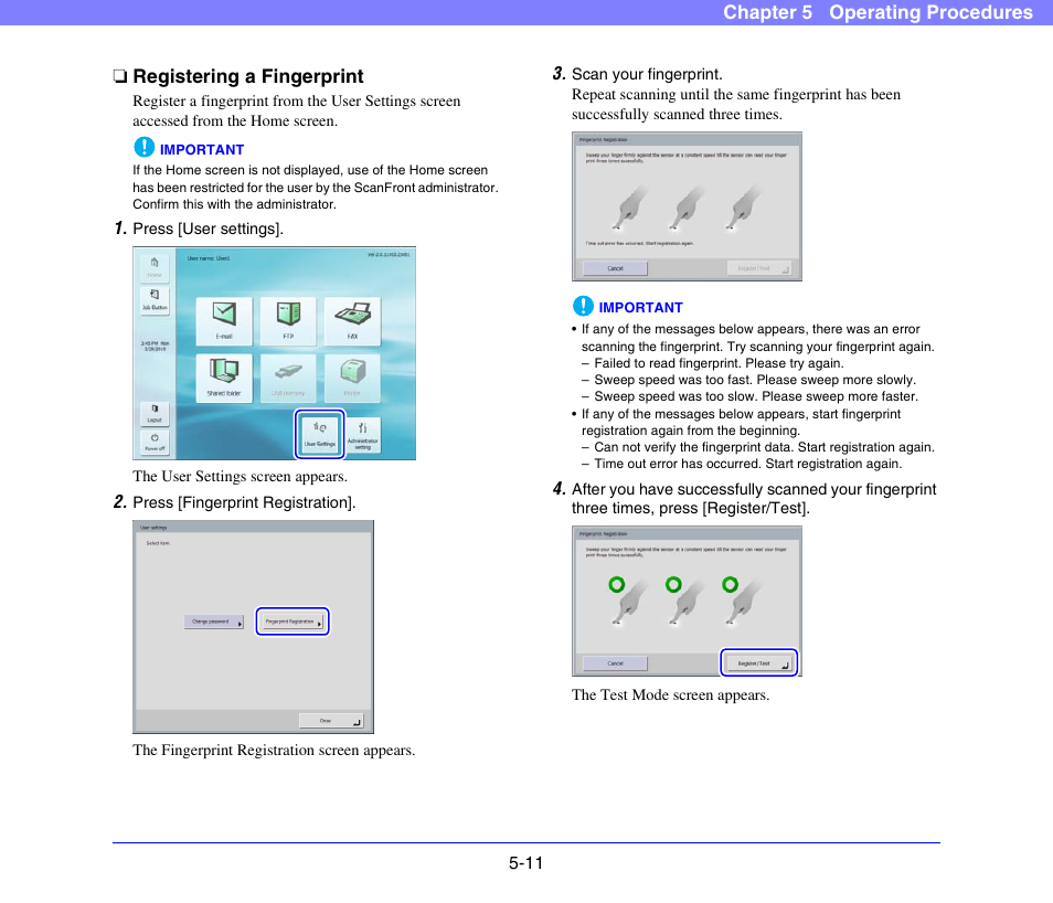 Registering a fingerprint, Registering a fingerprint -11 | Canon SCANFRONT 300P User Manual | Page 63 / 193