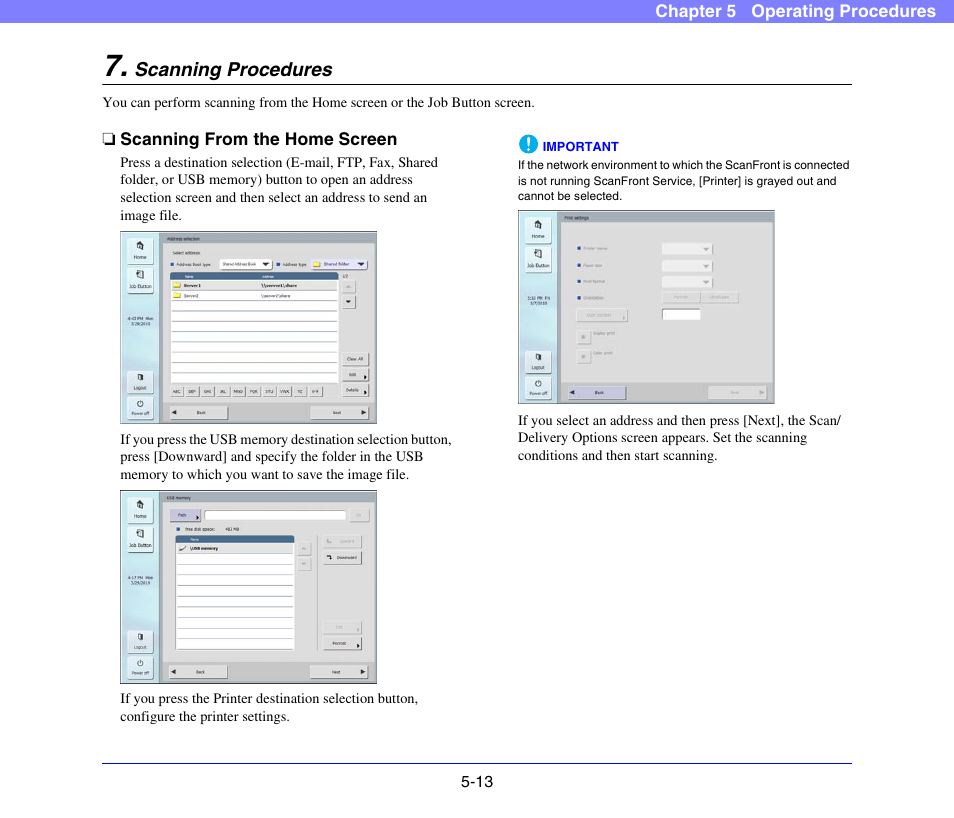 Scanning procedures, Scanning from the home screen, Scanning procedures -13 | Scanning from the home screen -13, Scanning procedures” on p. 5-13.), See “scanning procedures” on p. 5-13.) | Canon SCANFRONT 300P User Manual | Page 65 / 193