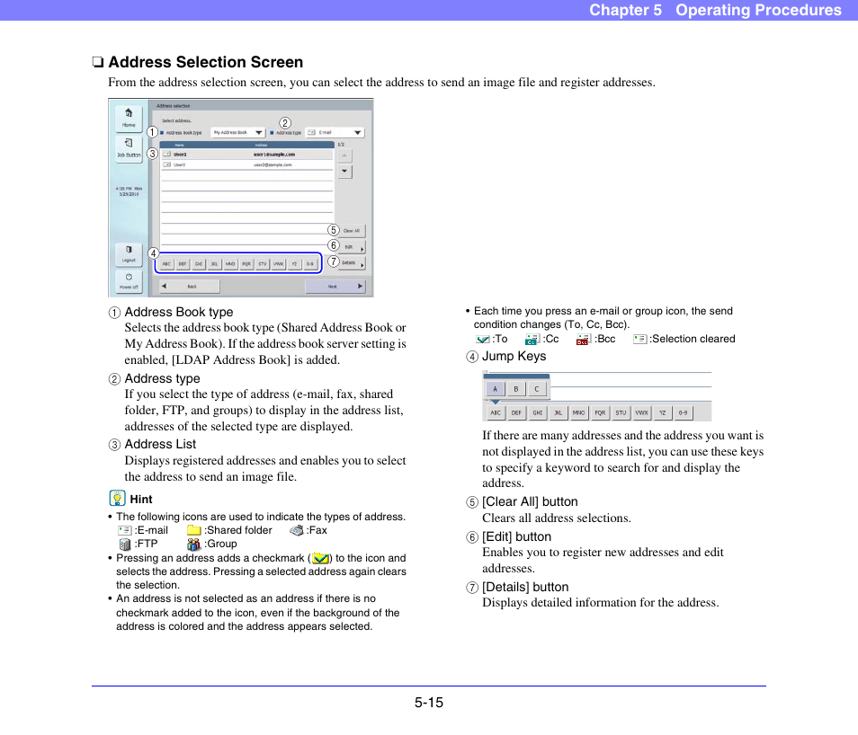 Address selection screen, Address selection screen -15, See p. 5-15.) | Canon SCANFRONT 300P User Manual | Page 67 / 193