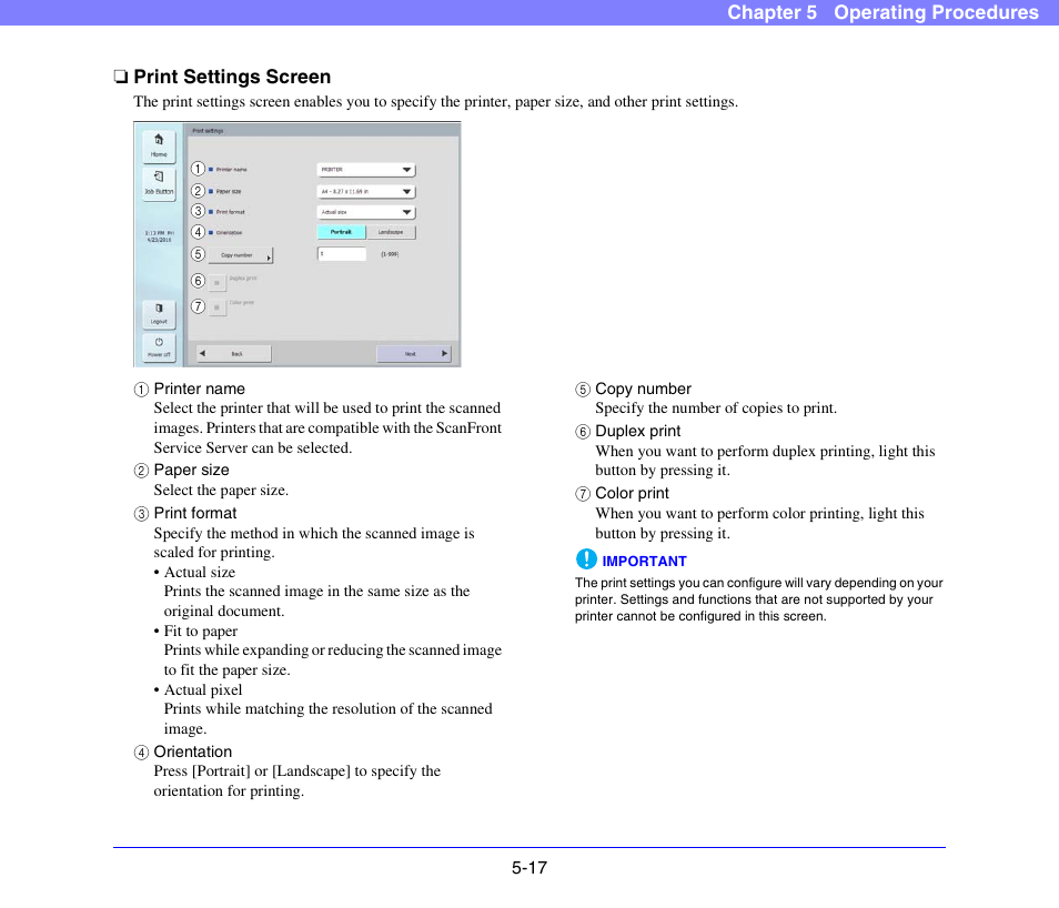 Print settings screen, Print settings screen -17 | Canon SCANFRONT 300P User Manual | Page 69 / 193