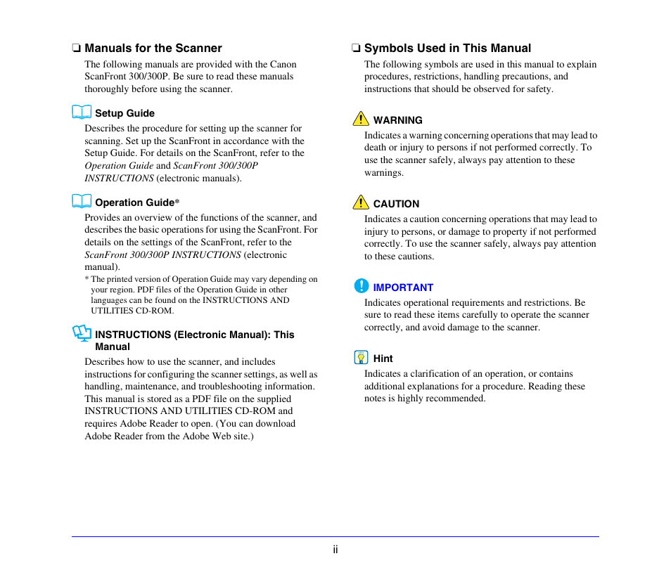 Manuals for the scanner, Symbols used in this manual | Canon SCANFRONT 300P User Manual | Page 7 / 193