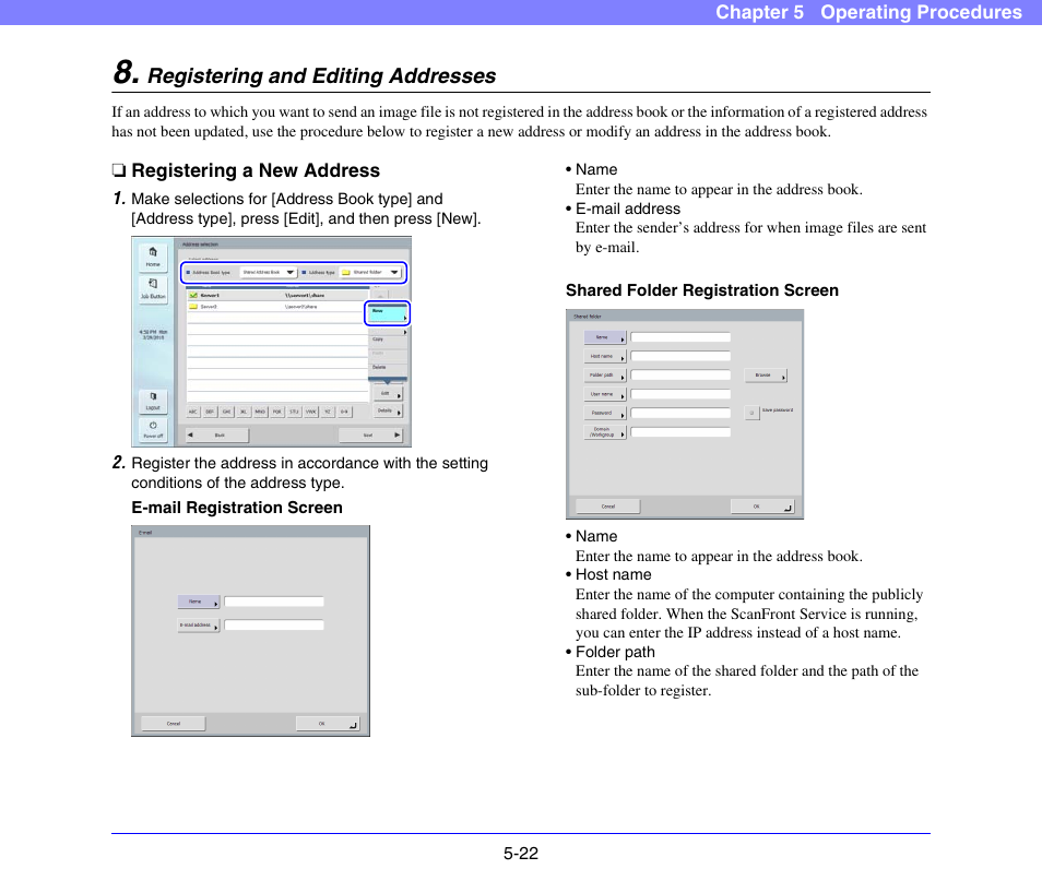 Registering and editing addresses, Registering a new address, Registering and editing addresses -22 | Registering a new address -22 | Canon SCANFRONT 300P User Manual | Page 74 / 193