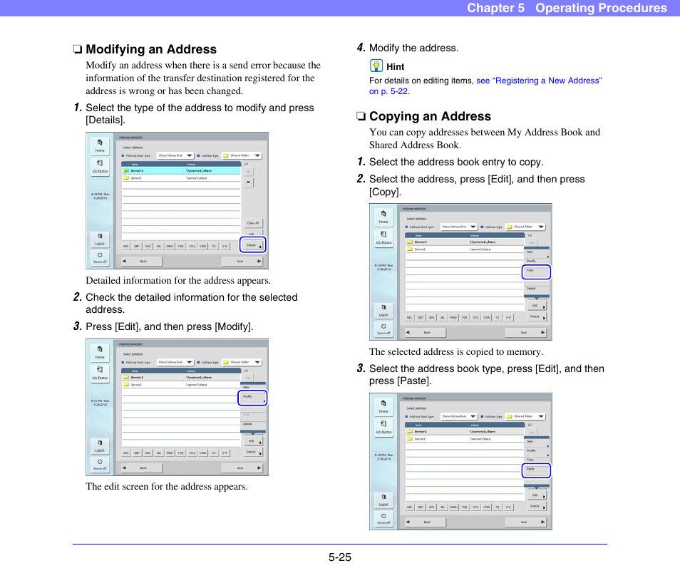 Modifying an address, Copying an address, Modifying an address -25 copying an address -25 | Canon SCANFRONT 300P User Manual | Page 77 / 193