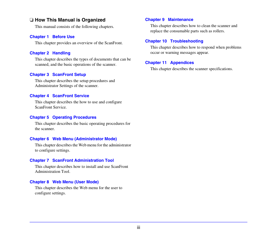 How this manual is organized | Canon SCANFRONT 300P User Manual | Page 8 / 193