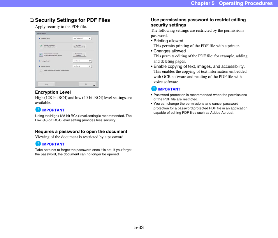 Security settings for pdf files, Security settings for pdf files -33, See “security settings for pdf files” on | P. 5-33 | Canon SCANFRONT 300P User Manual | Page 85 / 193