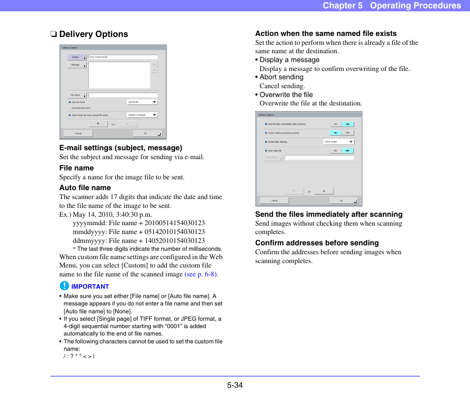 Delivery options, Delivery options -34, See p. 5-34.) | See “delivery options” on, P. 5-34.) | Canon SCANFRONT 300P User Manual | Page 86 / 193