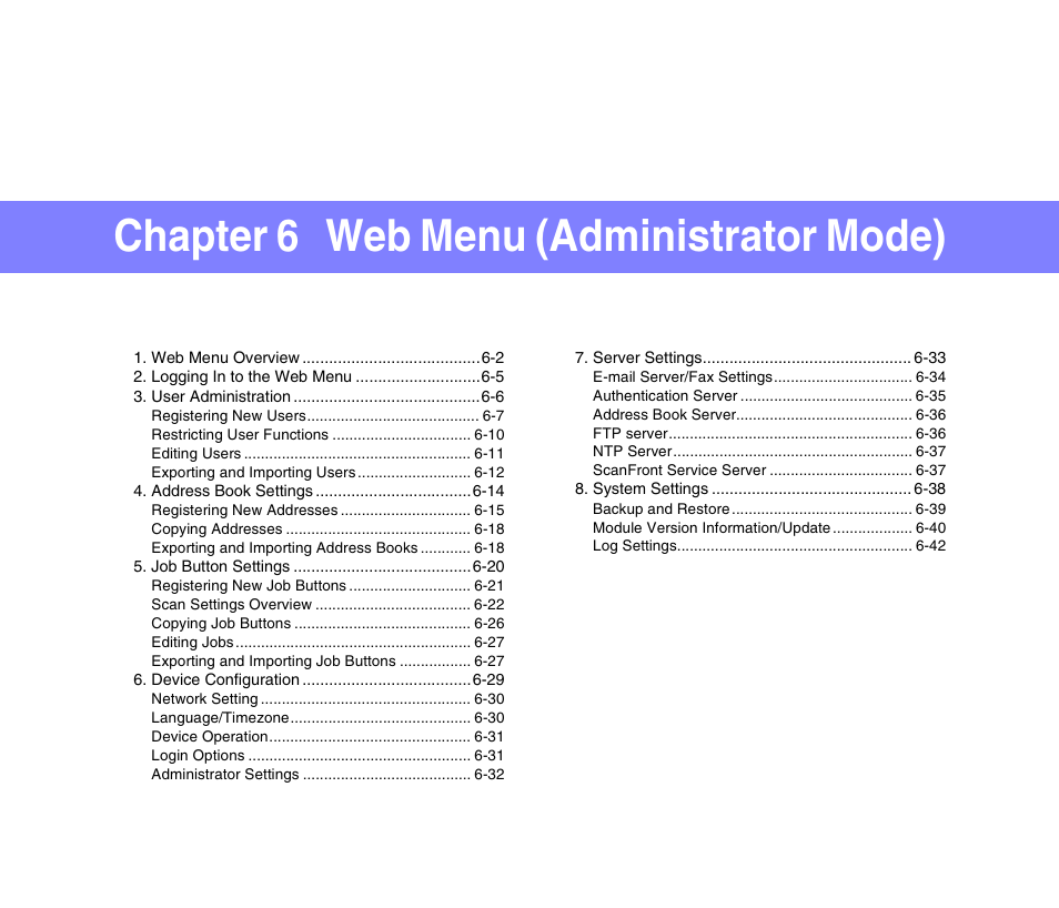 Chapter 6 web menu (administrator mode), Chapter 6 “web menu (administrator mode), Chapter 6 “web | Menu (administrator mode), Chapter 6 “web menu, Administrator mode) | Canon SCANFRONT 300P User Manual | Page 88 / 193