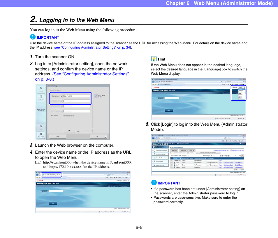 Logging in to the web menu, Logging in to the web menu -5 | Canon SCANFRONT 300P User Manual | Page 92 / 193