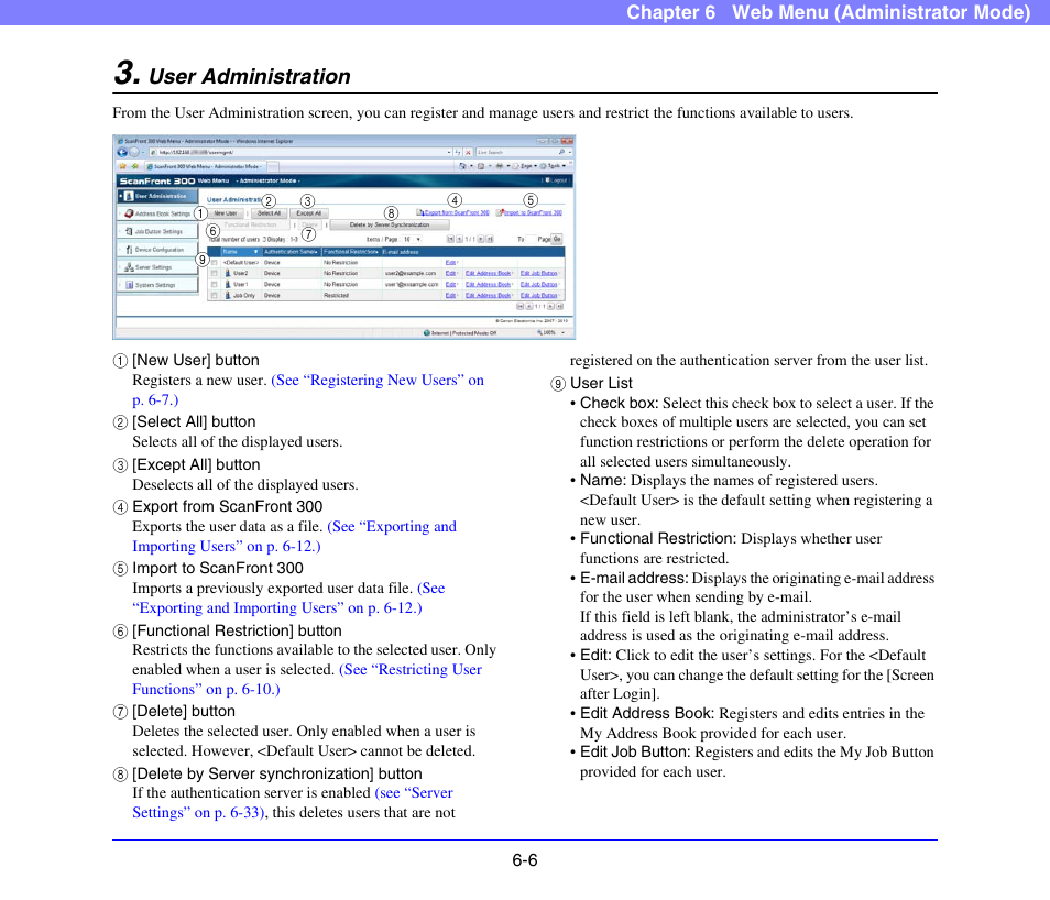 User administration, User administration -6, See p. 6-6) | See “user administration” on, P. 6-6.) | Canon SCANFRONT 300P User Manual | Page 93 / 193