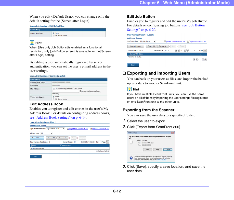 Exporting and importing users, Exporting and importing users -12, See “exporting and | Importing users” on p. 6-12.), Exporting and importing users” on p. 6-12.) | Canon SCANFRONT 300P User Manual | Page 99 / 193