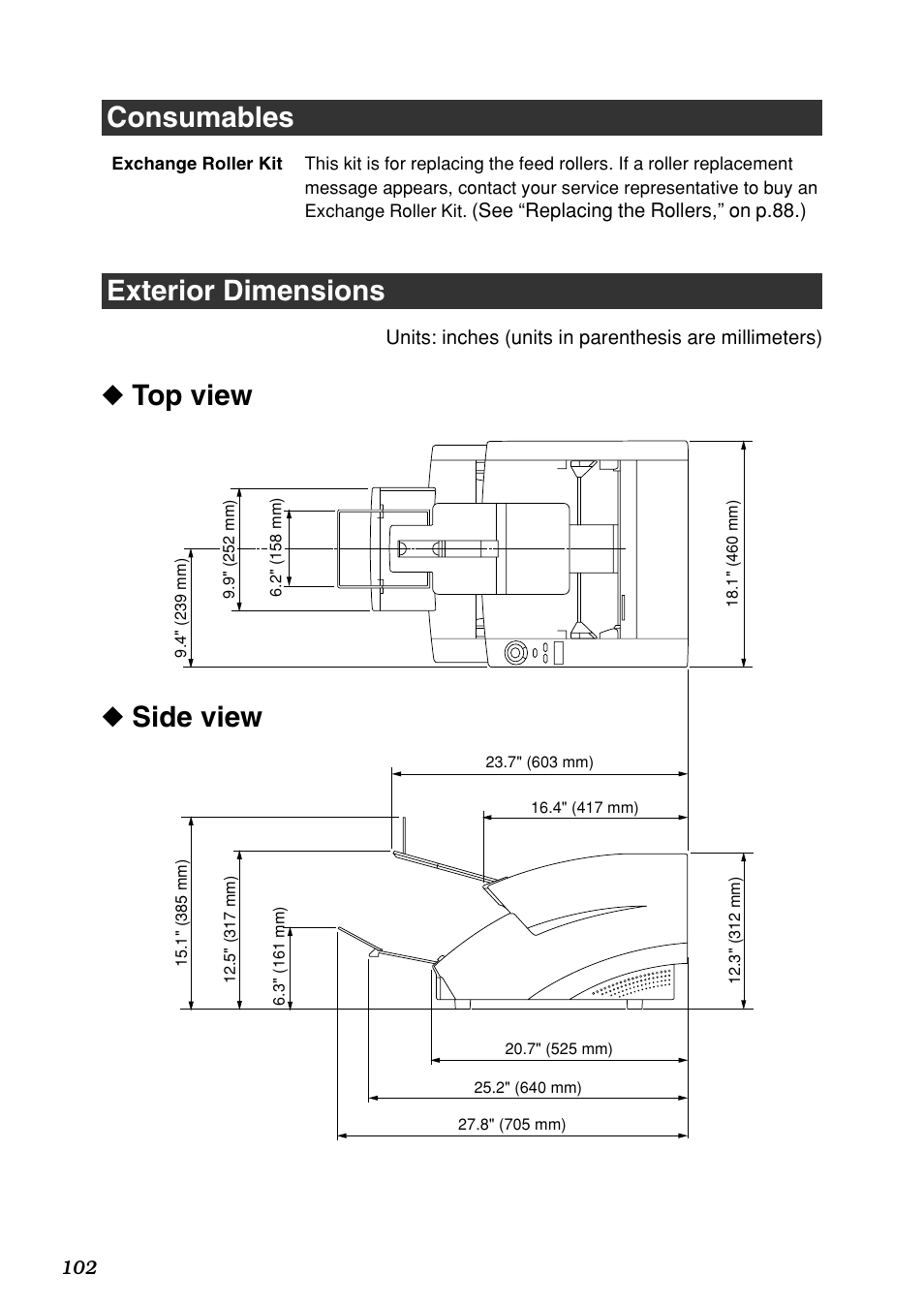 Side view ◆ top view consumables, Exterior dimensions | Canon DR-6080 User Manual | Page 105 / 108