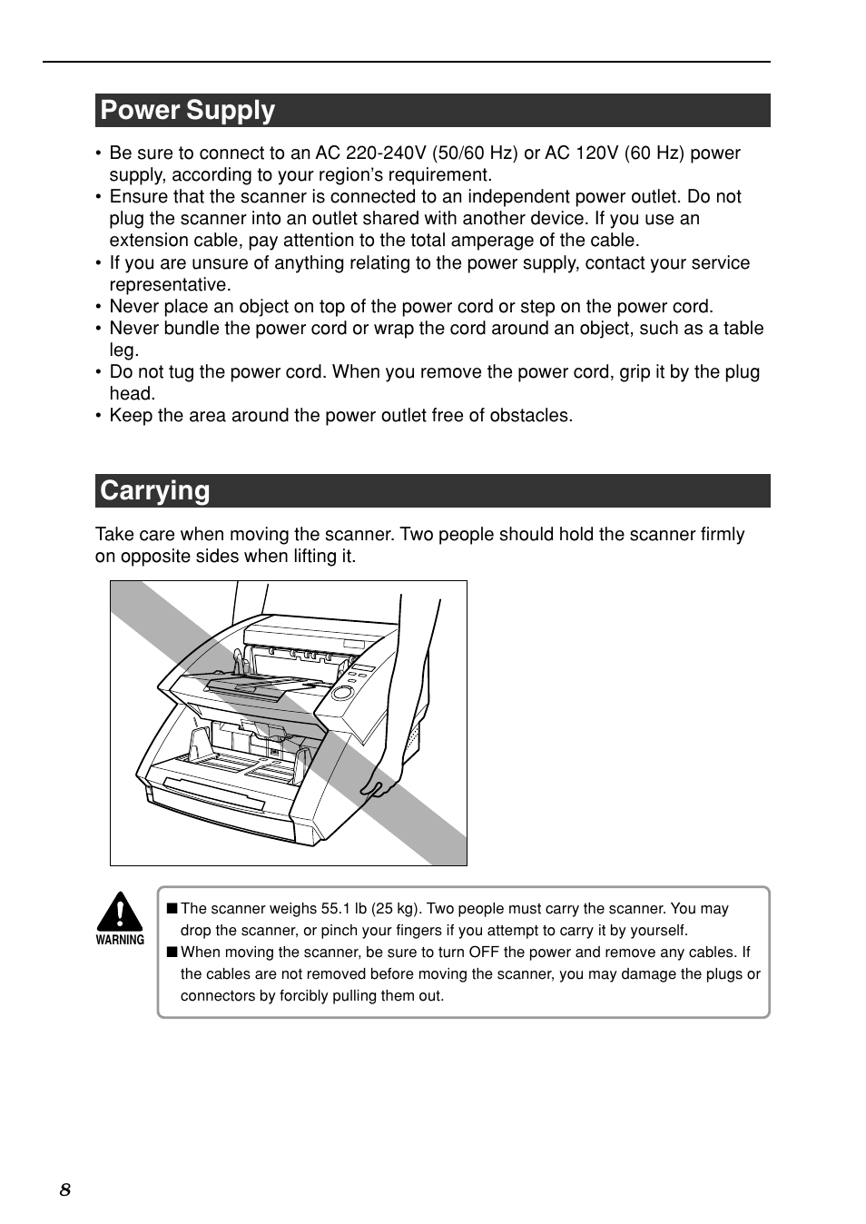 Power supply, Carrying | Canon DR-6080 User Manual | Page 11 / 108