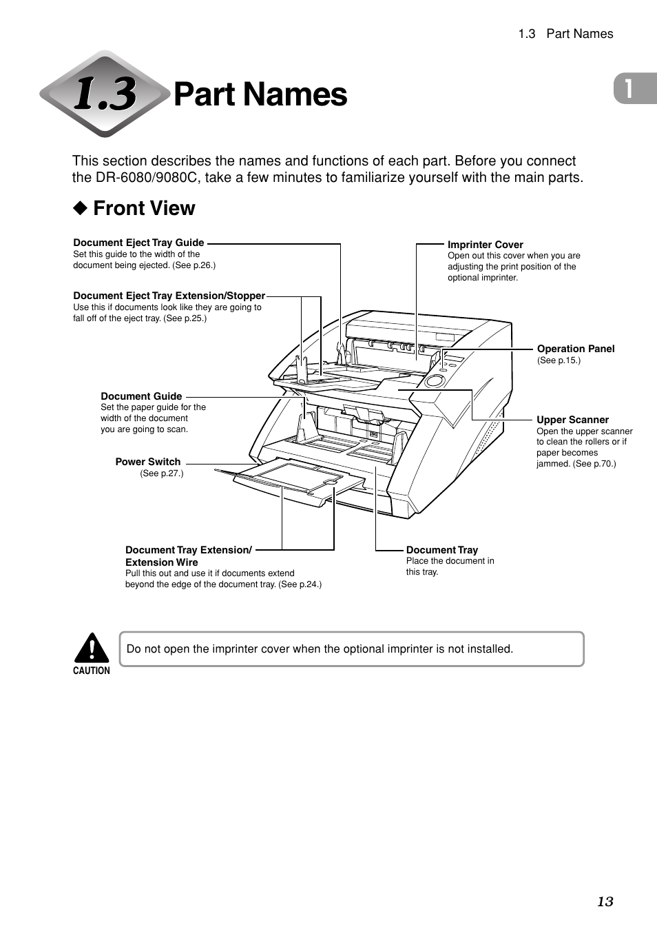 Part names, Front view | Canon DR-6080 User Manual | Page 16 / 108