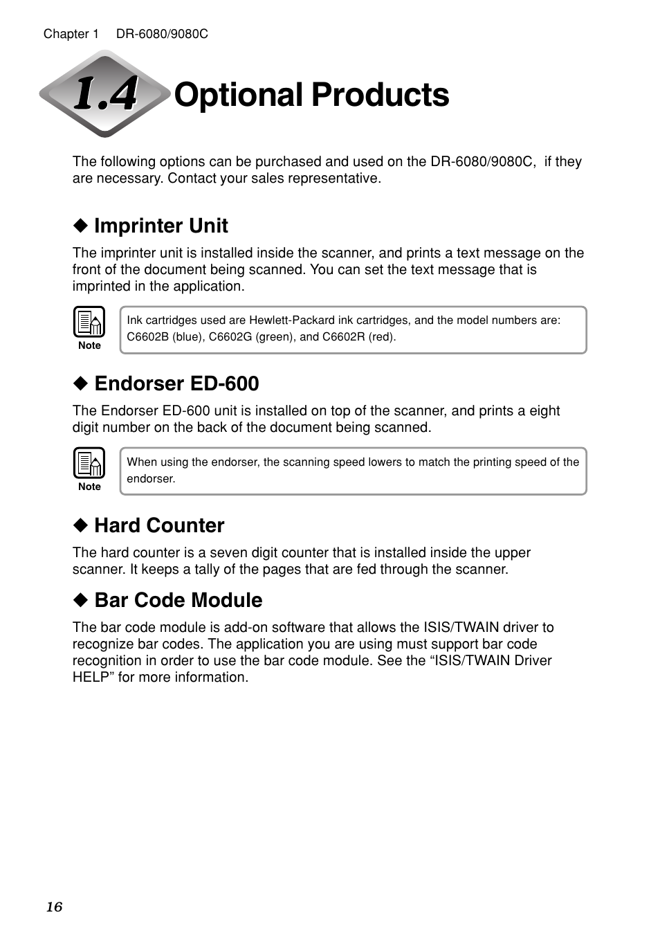 Optional products, Imprinter unit, Endorser ed-600 | Hard counter, Bar code module | Canon DR-6080 User Manual | Page 19 / 108