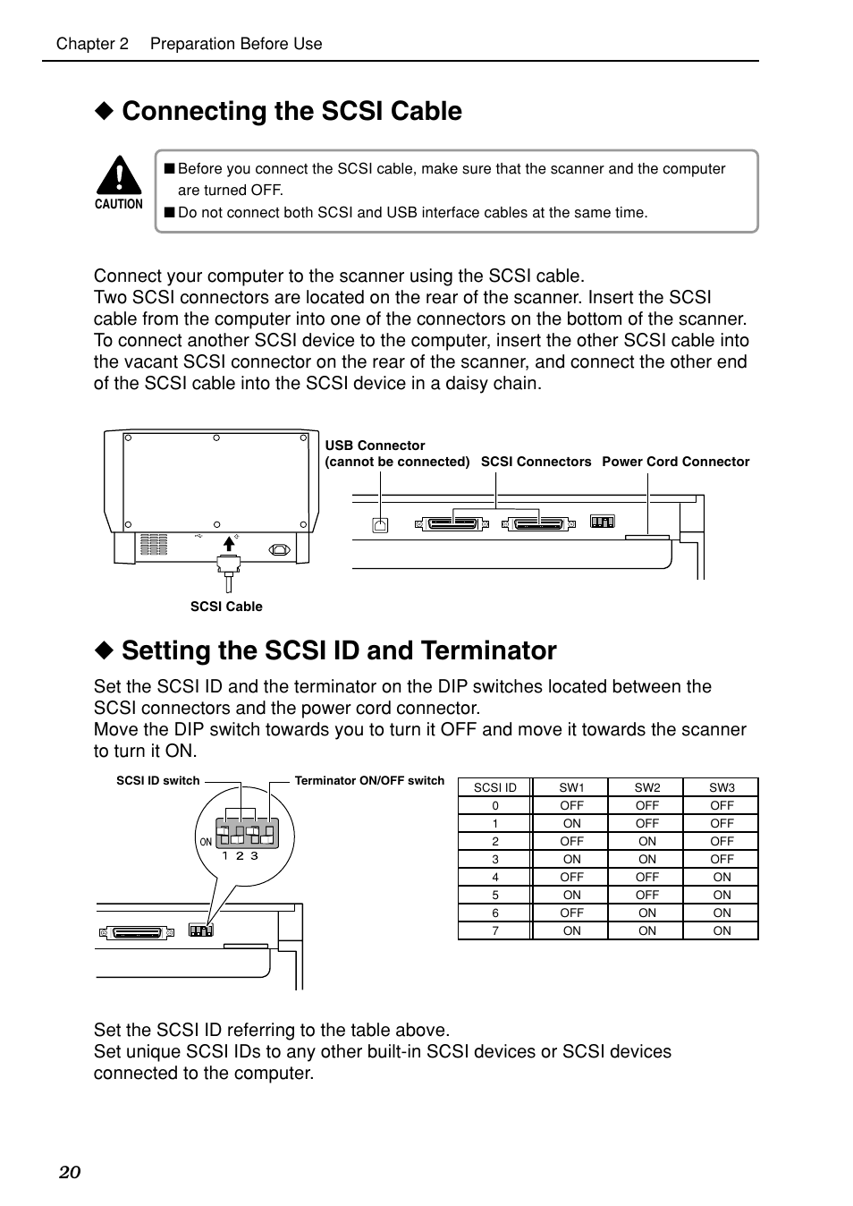 Connecting the scsi cable, Setting the scsi id and terminator | Canon DR-6080 User Manual | Page 23 / 108