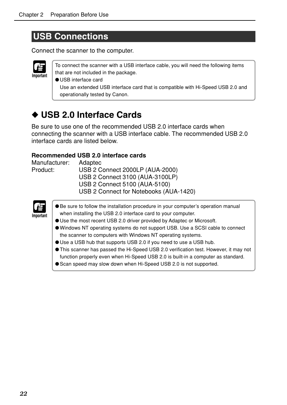 Usb connections, Usb 2.0 interface cards | Canon DR-6080 User Manual | Page 25 / 108