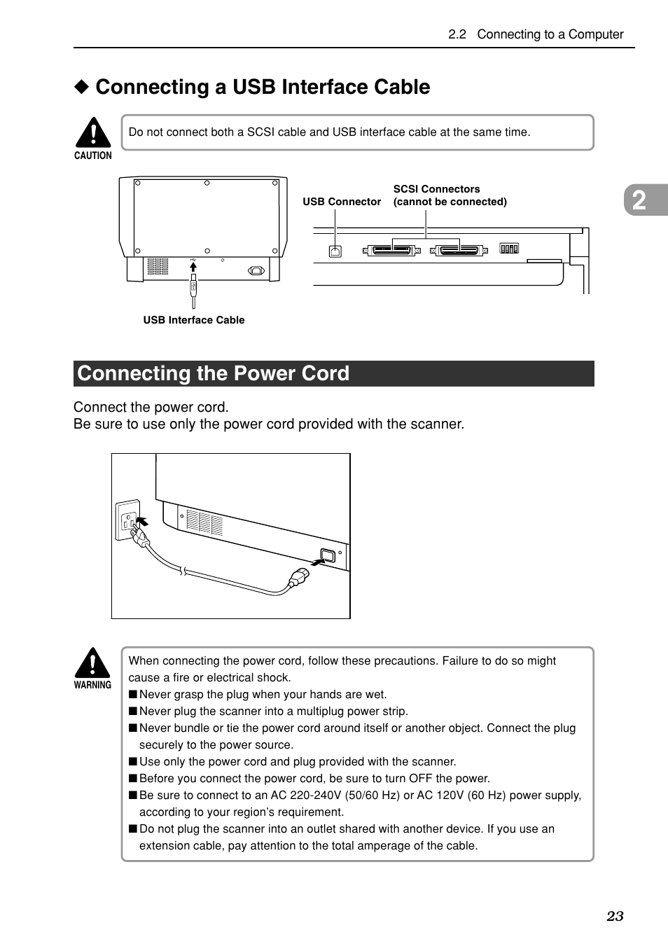 Connecting a usb interface cable, Connecting the power cord | Canon DR-6080 User Manual | Page 26 / 108