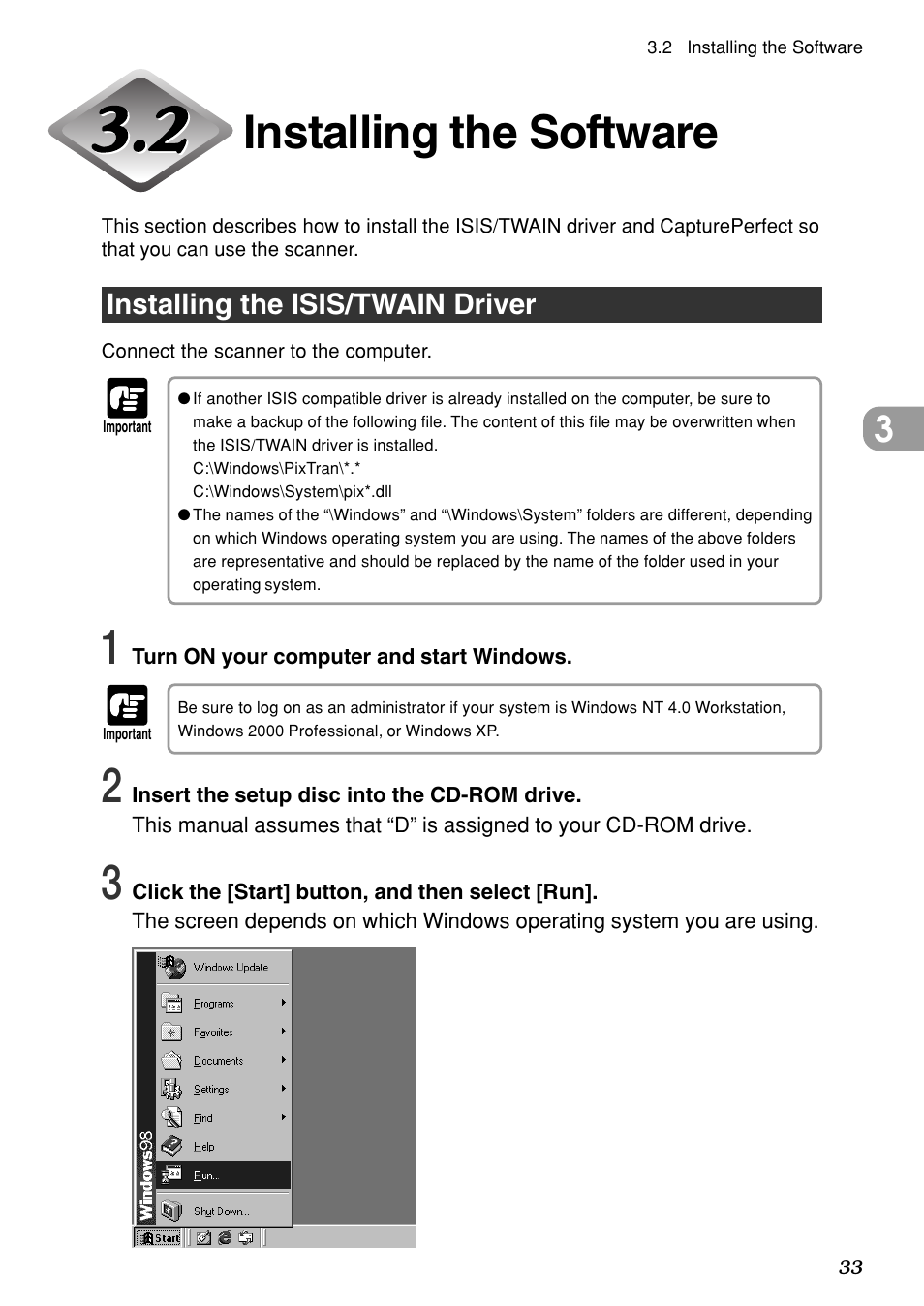 Installing the software, Installing the isis/twain driver | Canon DR-6080 User Manual | Page 36 / 108