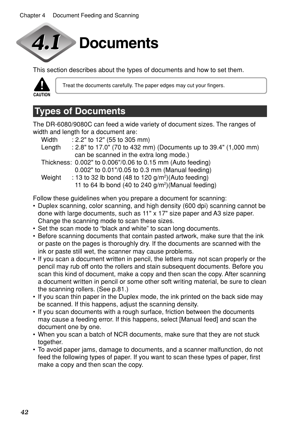 Documents, Types of documents | Canon DR-6080 User Manual | Page 45 / 108