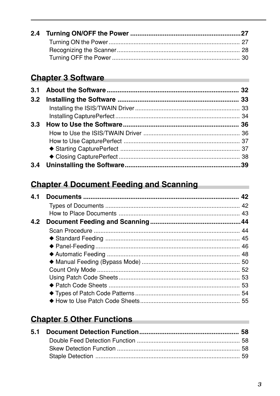 Chapter 3 software, Chapter 4 document feeding and scanning, Chapter 5 other functions | Canon DR-6080 User Manual | Page 6 / 108