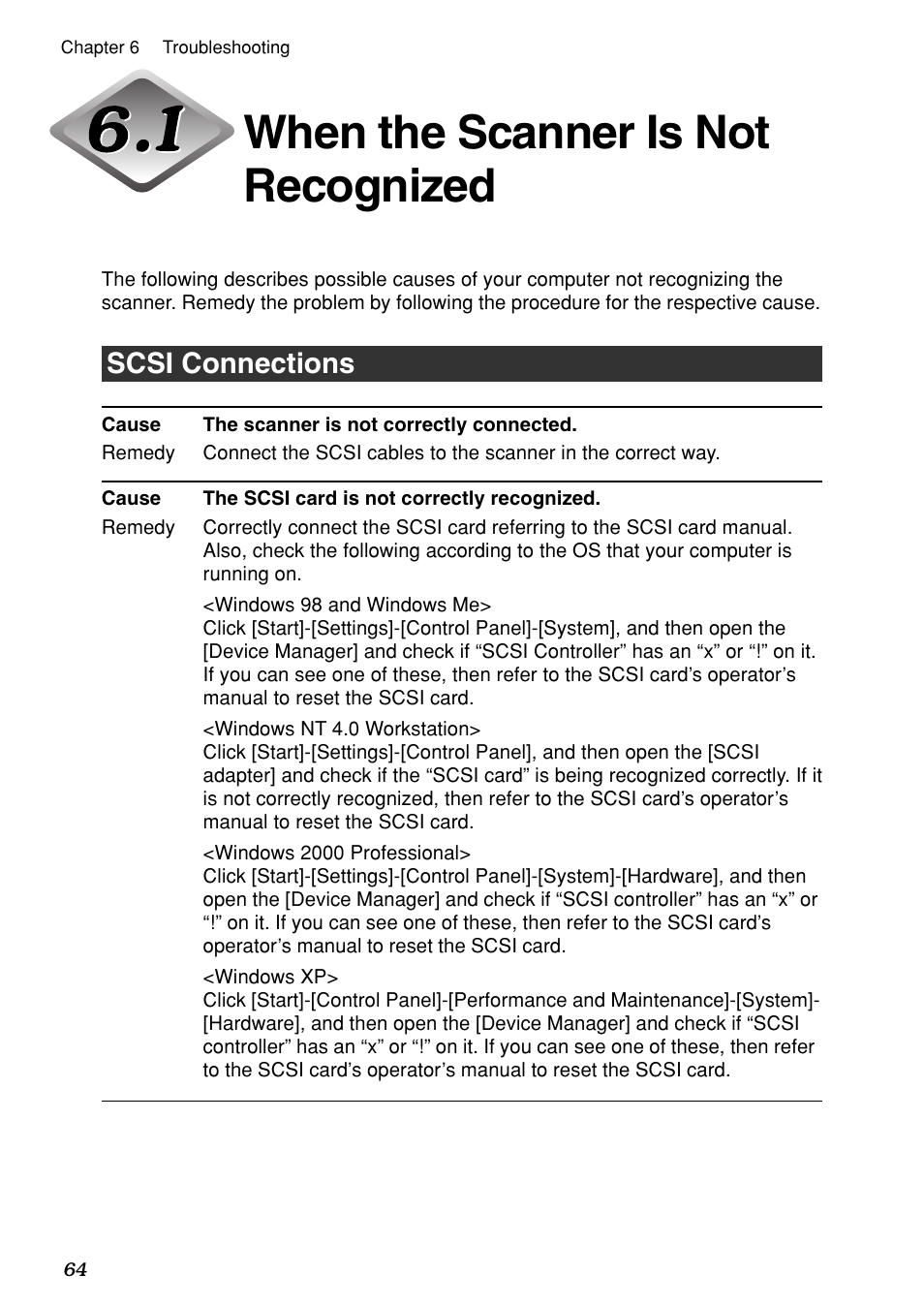 When the scanner is not recognized, Scsi connections | Canon DR-6080 User Manual | Page 67 / 108