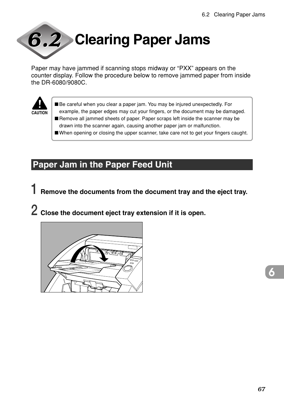 Clearing paper jams, Paper jam in the paper feed unit | Canon DR-6080 User Manual | Page 70 / 108