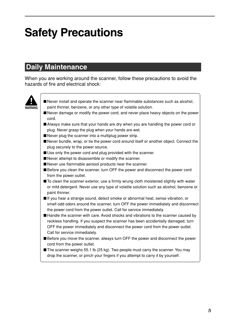 Safety precautions, Daily maintenance | Canon DR-6080 User Manual | Page 8 / 108