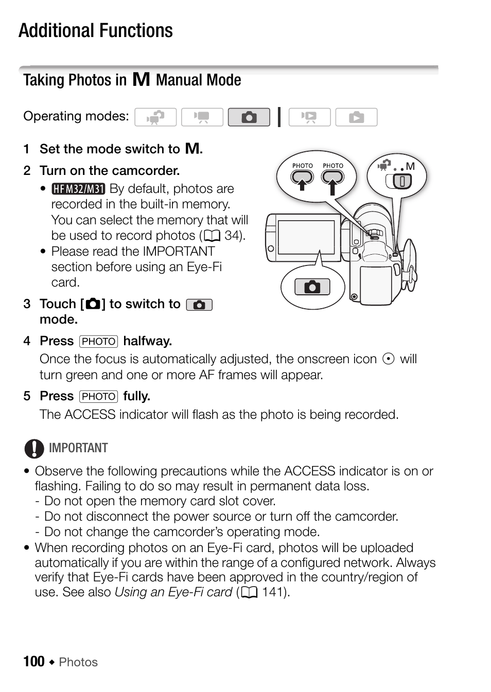 100 additional functions, Taking photos in, Y manual mode | Additional functions, Taking photos in y manual mode | Canon HF M31 User Manual | Page 100 / 201