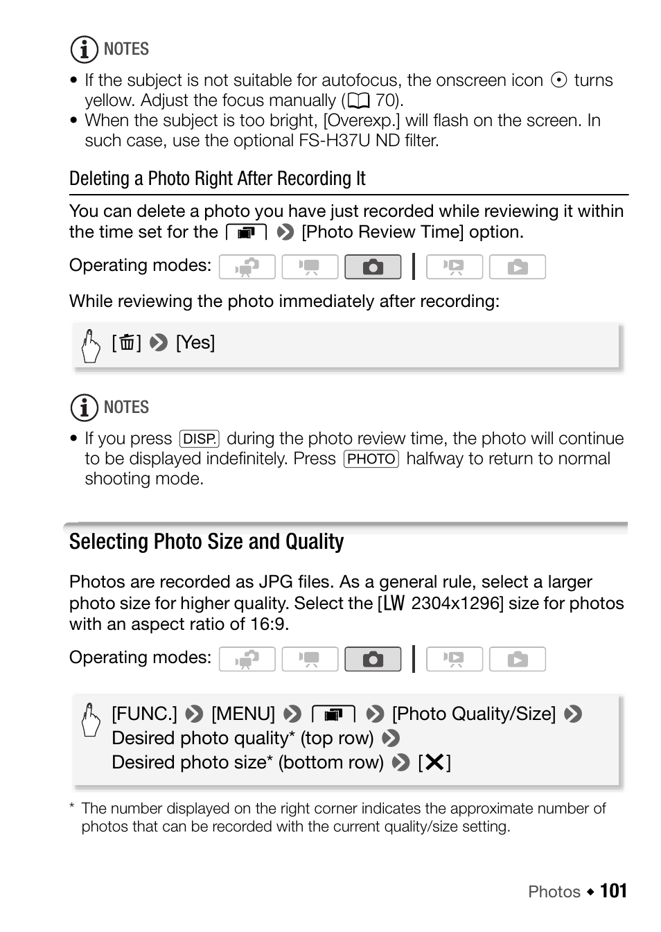 Selecting photo size and quality | Canon HF M31 User Manual | Page 101 / 201