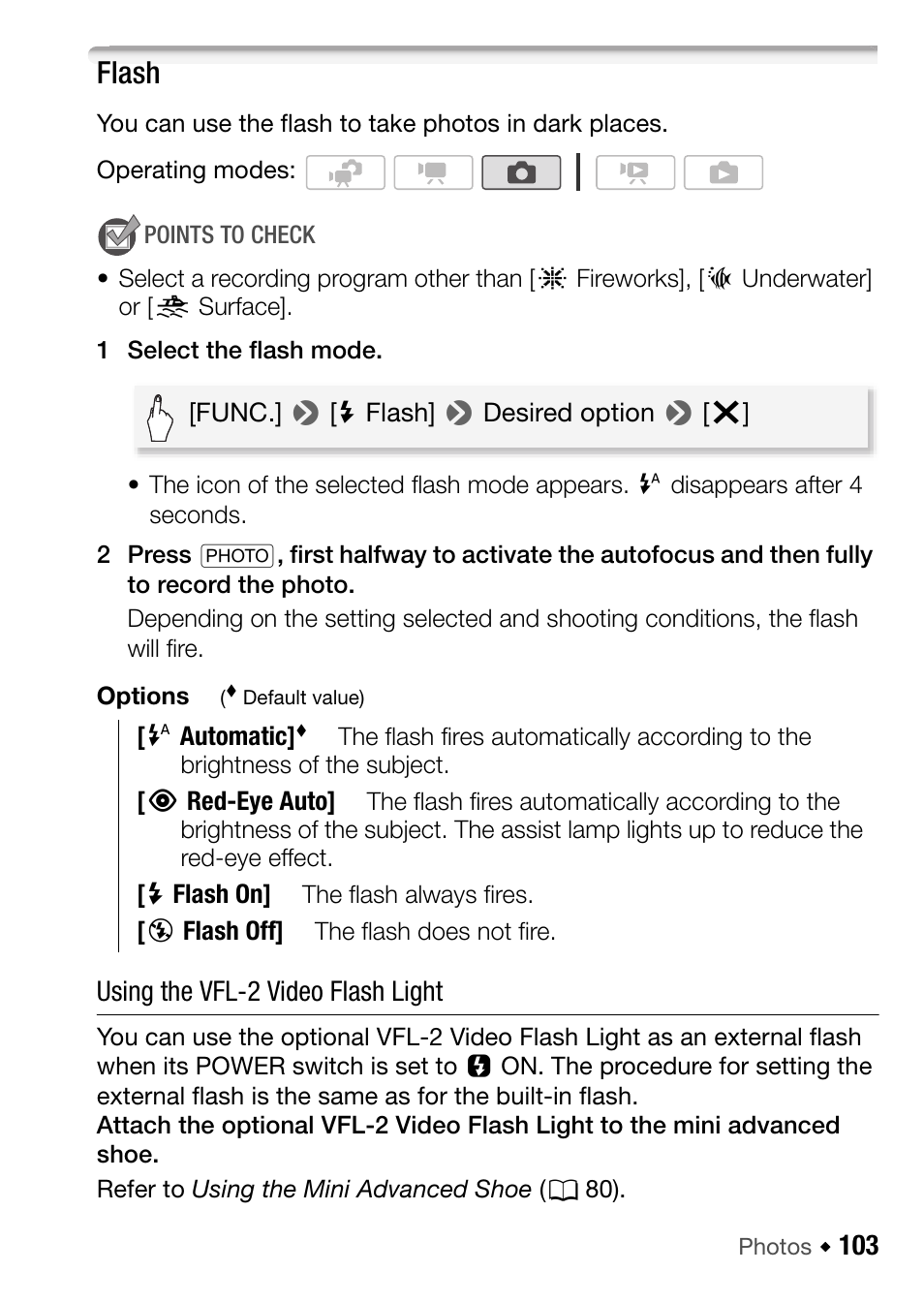 Flash, Using the vfl-2 video flash light | Canon HF M31 User Manual | Page 103 / 201