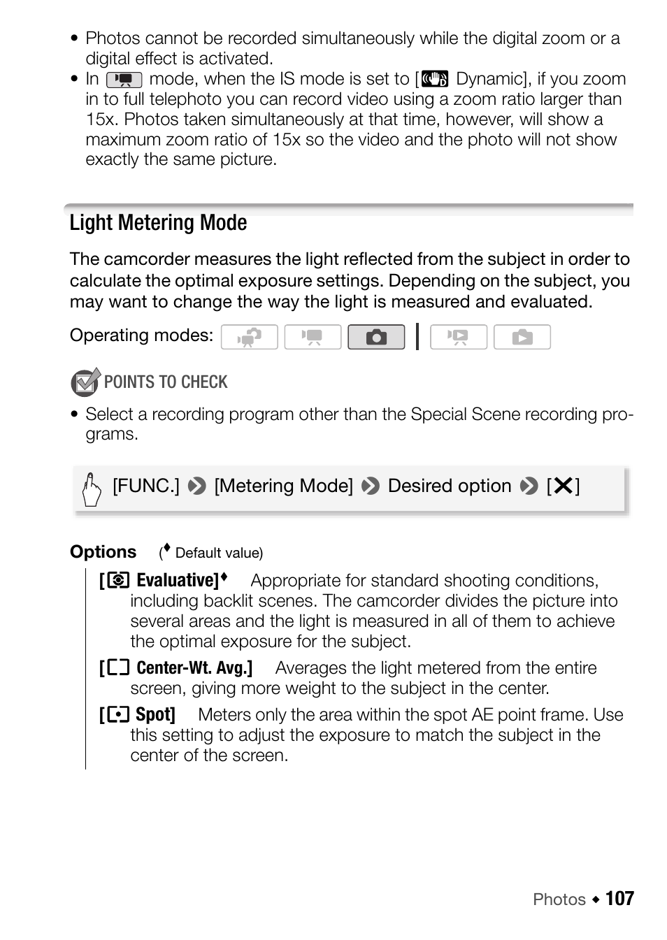 Light metering mode | Canon HF M31 User Manual | Page 107 / 201