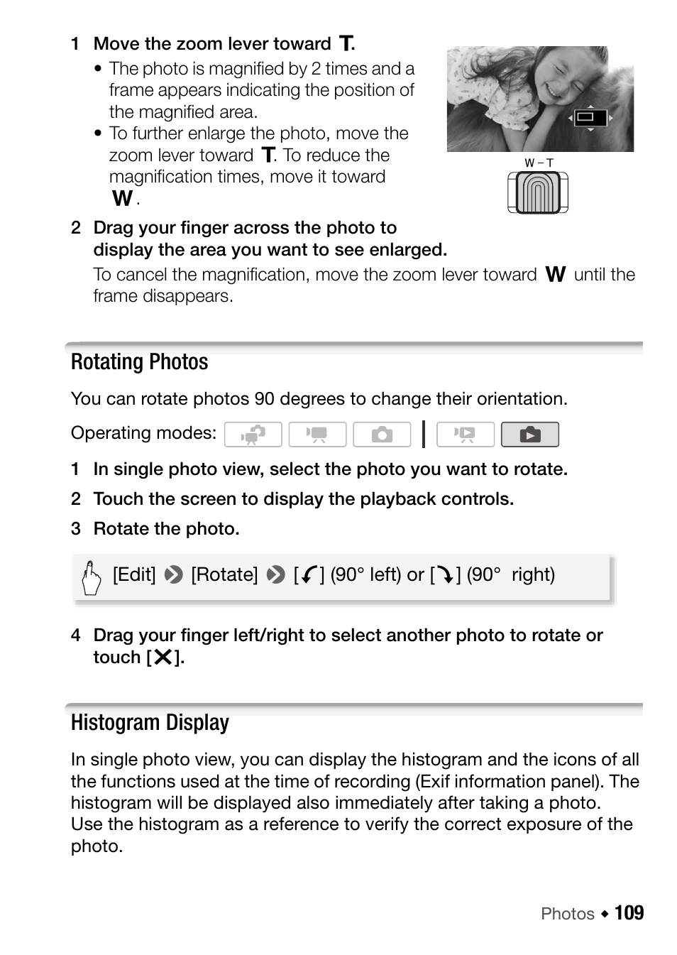 Rotating photos, Histogram display | Canon HF M31 User Manual | Page 109 / 201