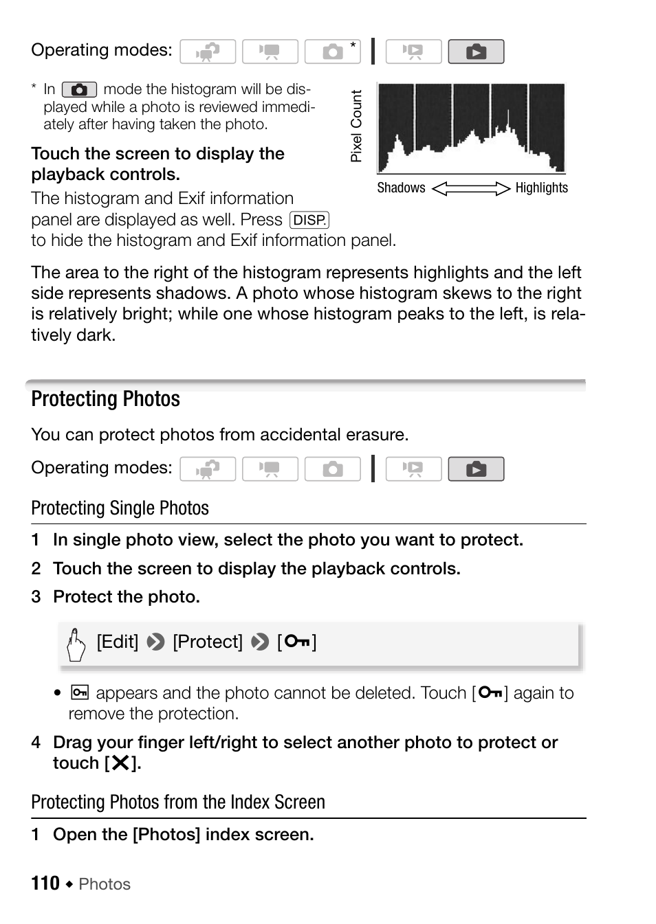 Protecting photos, Protecting single photos, Protecting photos from the index screen | Canon HF M31 User Manual | Page 110 / 201