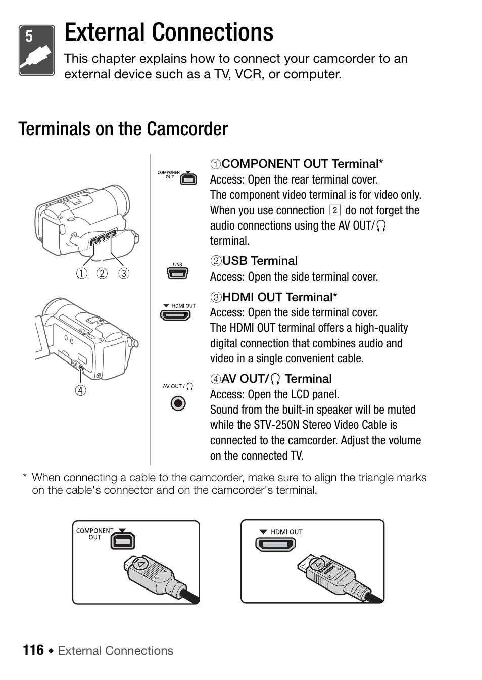 External connections, 116 terminals on the camcorder, Terminals on the camcorder | Canon HF M31 User Manual | Page 116 / 201