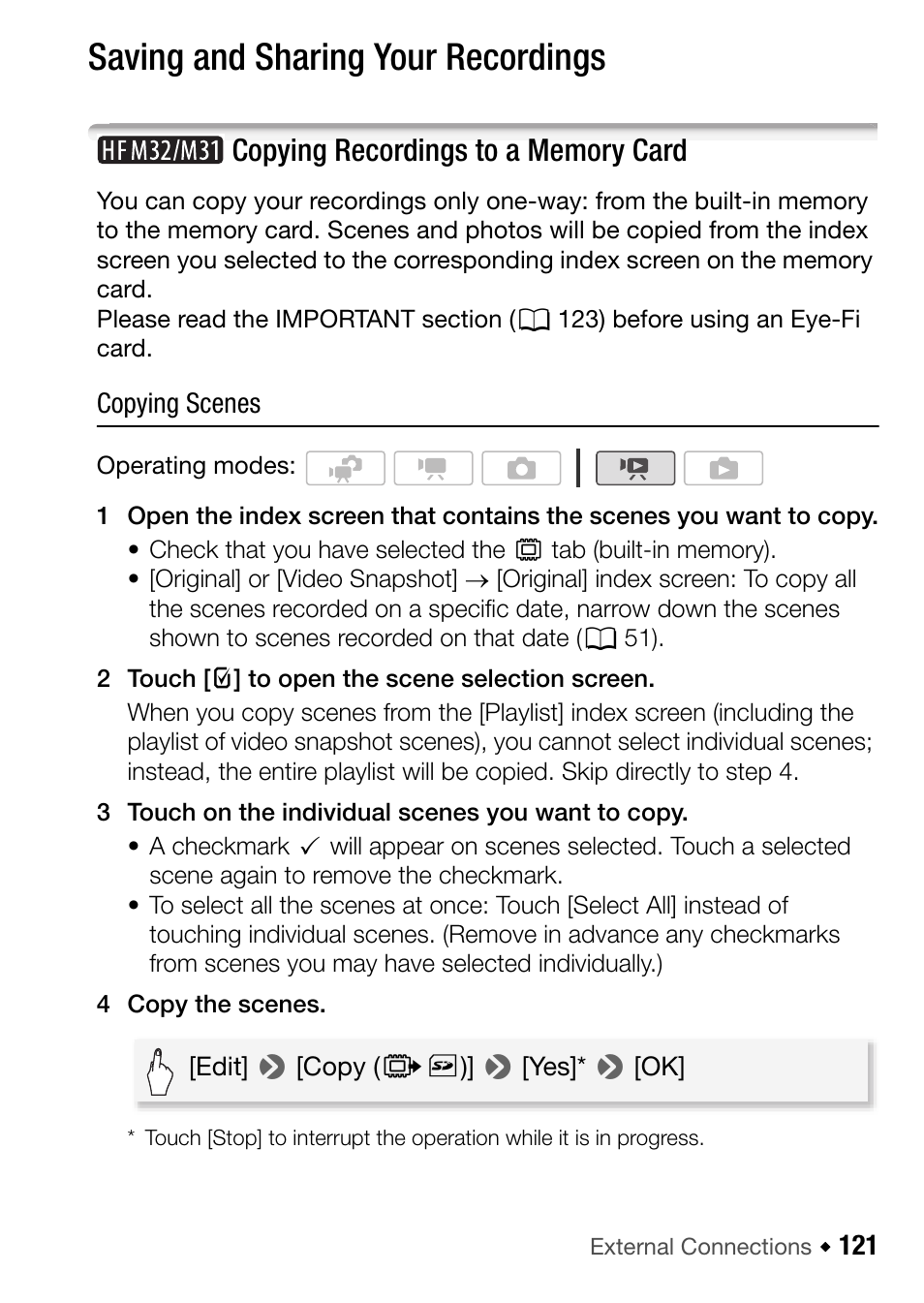 121 saving and sharing your recordings, Copying recordings to a memory card, 121), esp | Saving and sharing your recordings | Canon HF M31 User Manual | Page 121 / 201