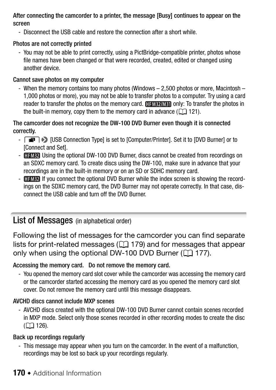 List of messages | Canon HF M31 User Manual | Page 170 / 201