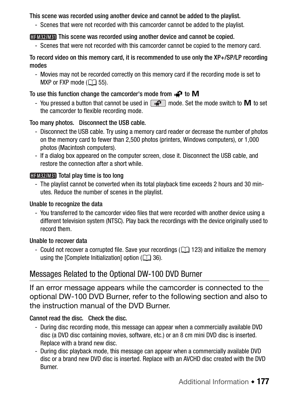 Messages related to the optional dw-100 dvd burner | Canon HF M31 User Manual | Page 177 / 201