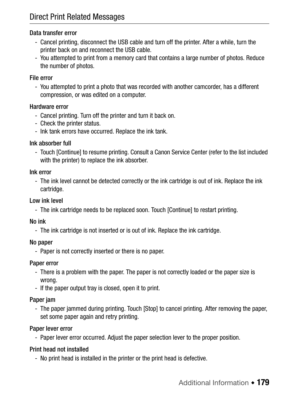 179) and for, 179 direct print related messages | Canon HF M31 User Manual | Page 179 / 201