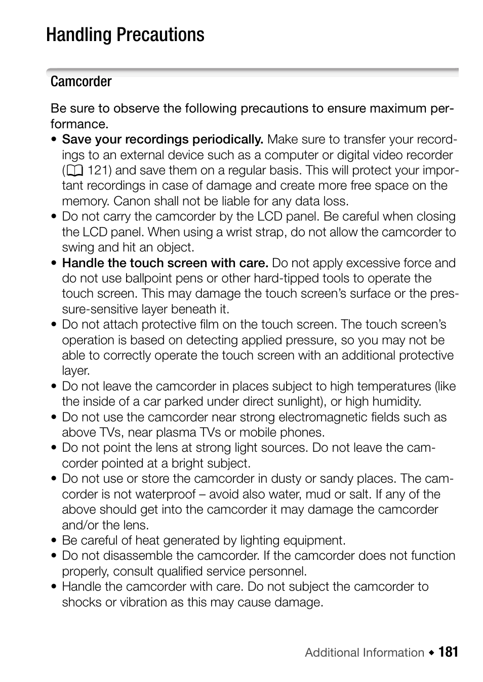 181 do’s and don’ts, Handling precautions, Camcorder | Canon HF M31 User Manual | Page 181 / 201