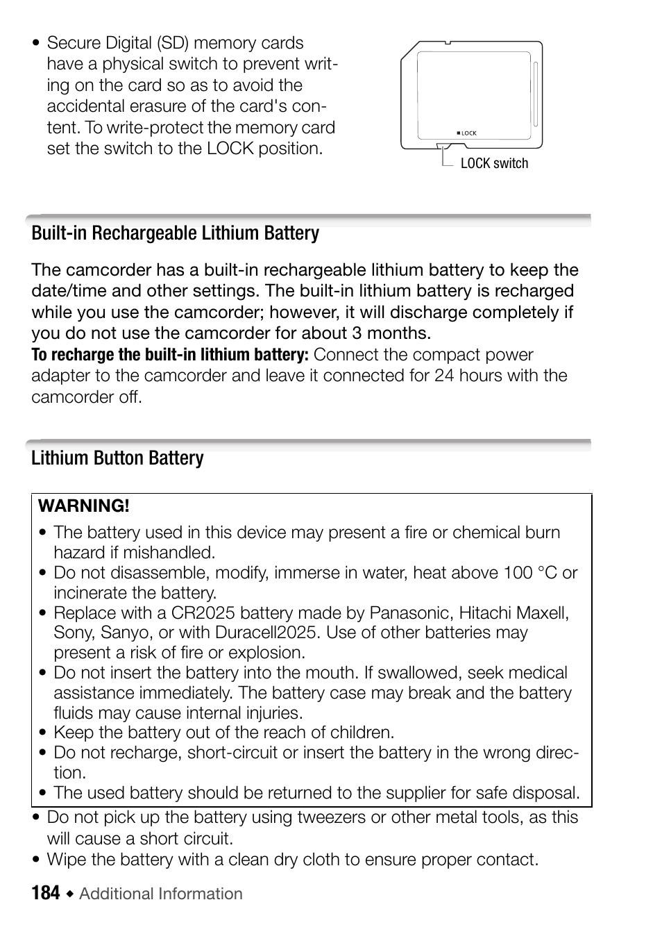 Built-in rechargeable lithium battery, Lithium button battery | Canon HF M31 User Manual | Page 184 / 201