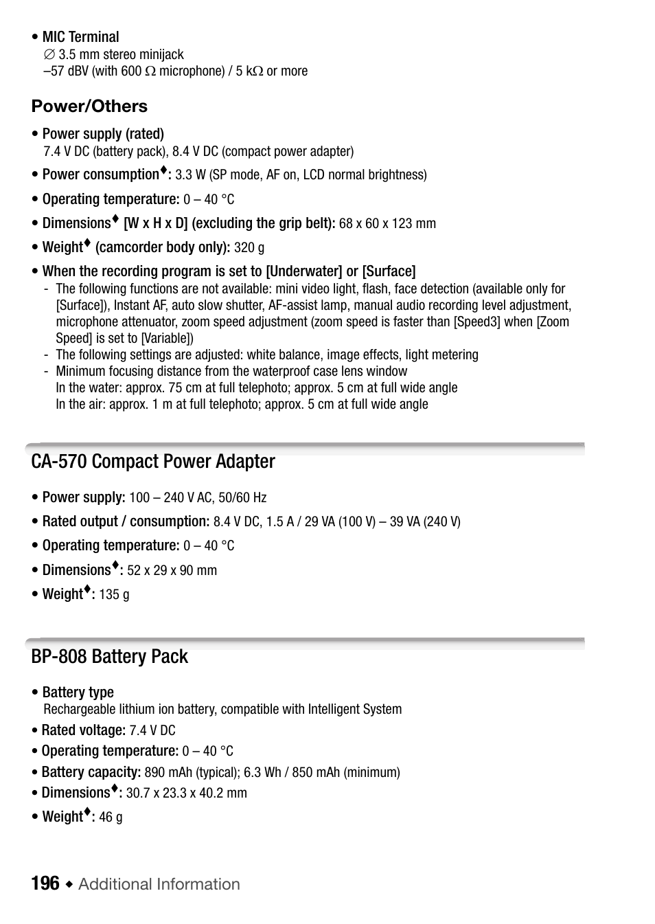 Ca-570 compact power adapter, Bp-808 battery pack | Canon HF M31 User Manual | Page 196 / 201