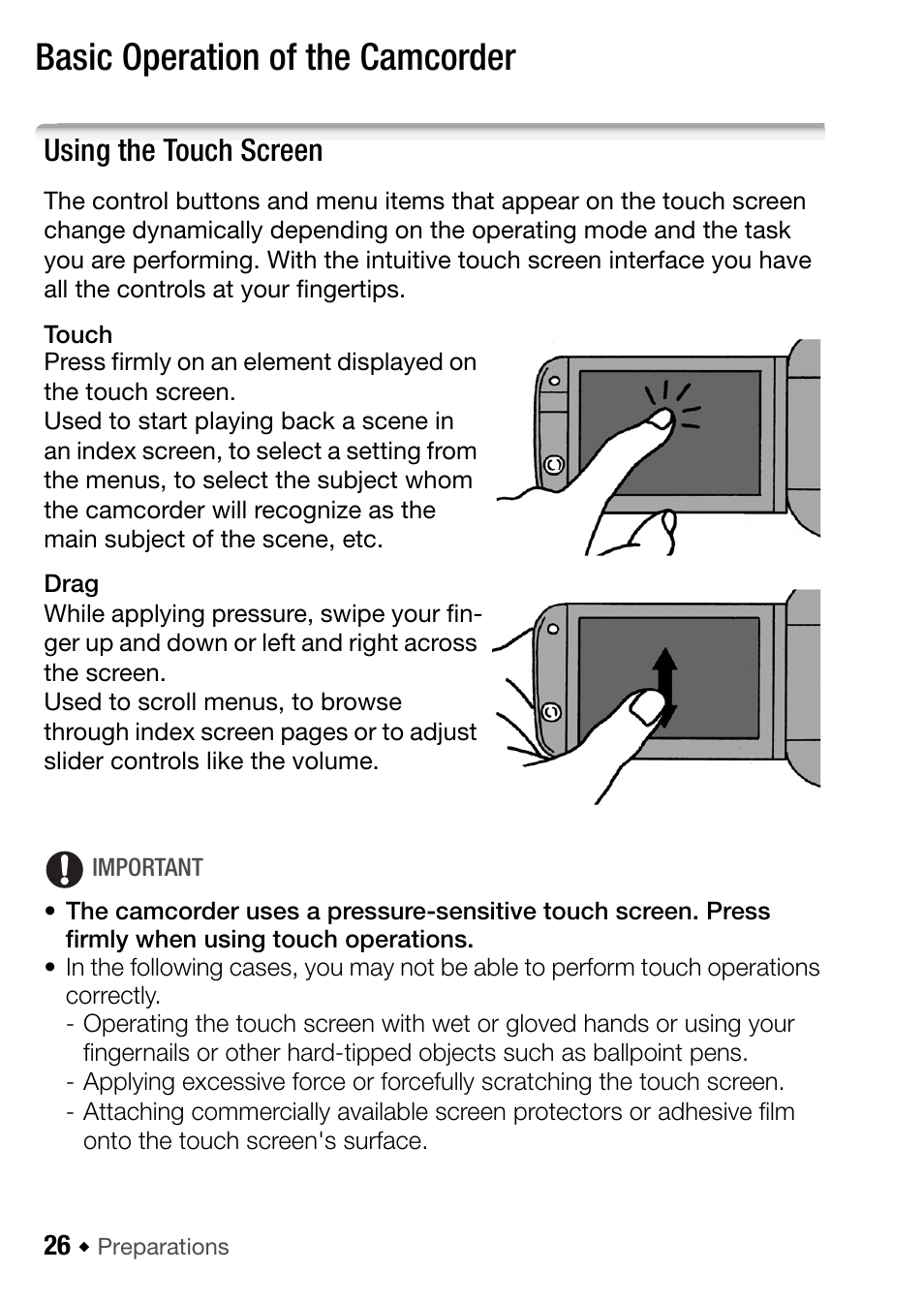 Basic operation of the camcorder, Using the touch screen | Canon HF M31 User Manual | Page 26 / 201