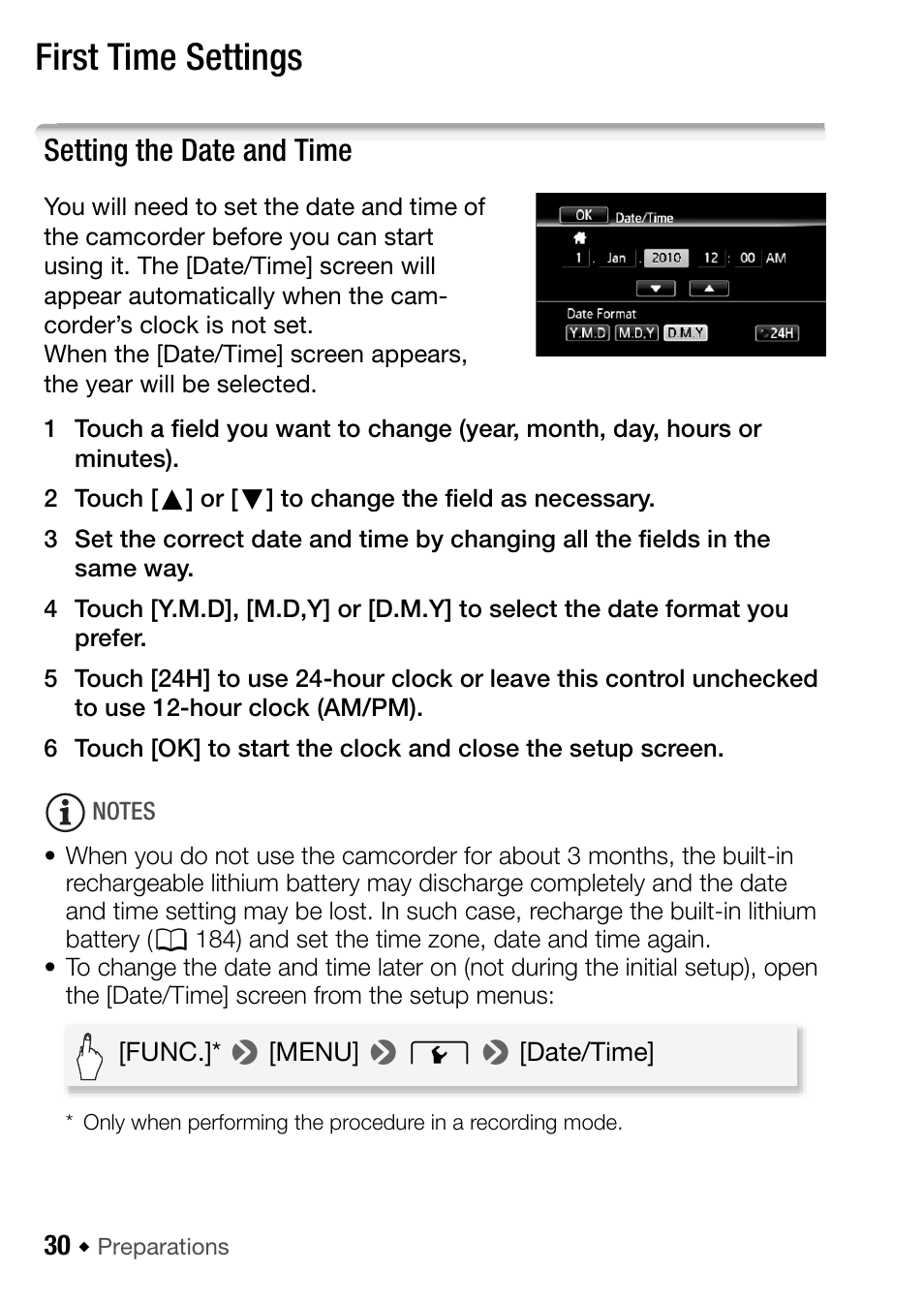 First time settings, Setting the date and time | Canon HF M31 User Manual | Page 30 / 201