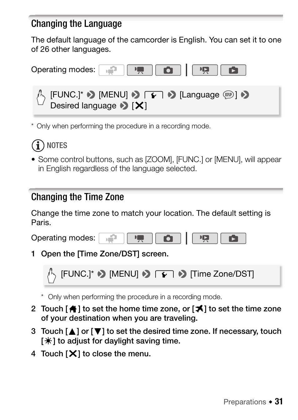 Changing the language, Changing the time zone | Canon HF M31 User Manual | Page 31 / 201