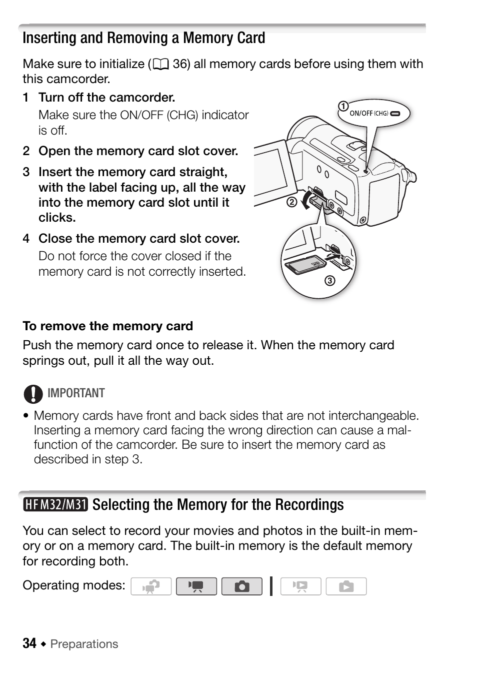 Inserting and removing a memory card, Selecting the memory for the recordings | Canon HF M31 User Manual | Page 34 / 201