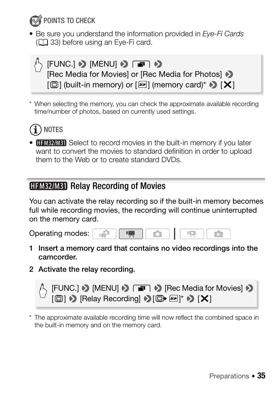 Relay recording of movies | Canon HF M31 User Manual | Page 35 / 201