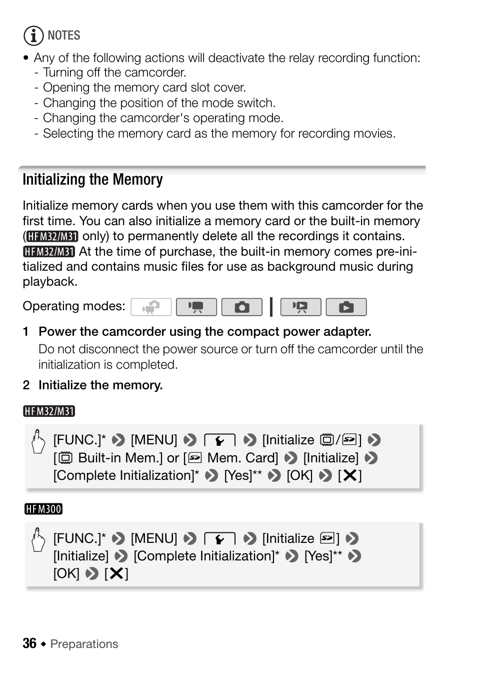 Initializing the memory | Canon HF M31 User Manual | Page 36 / 201