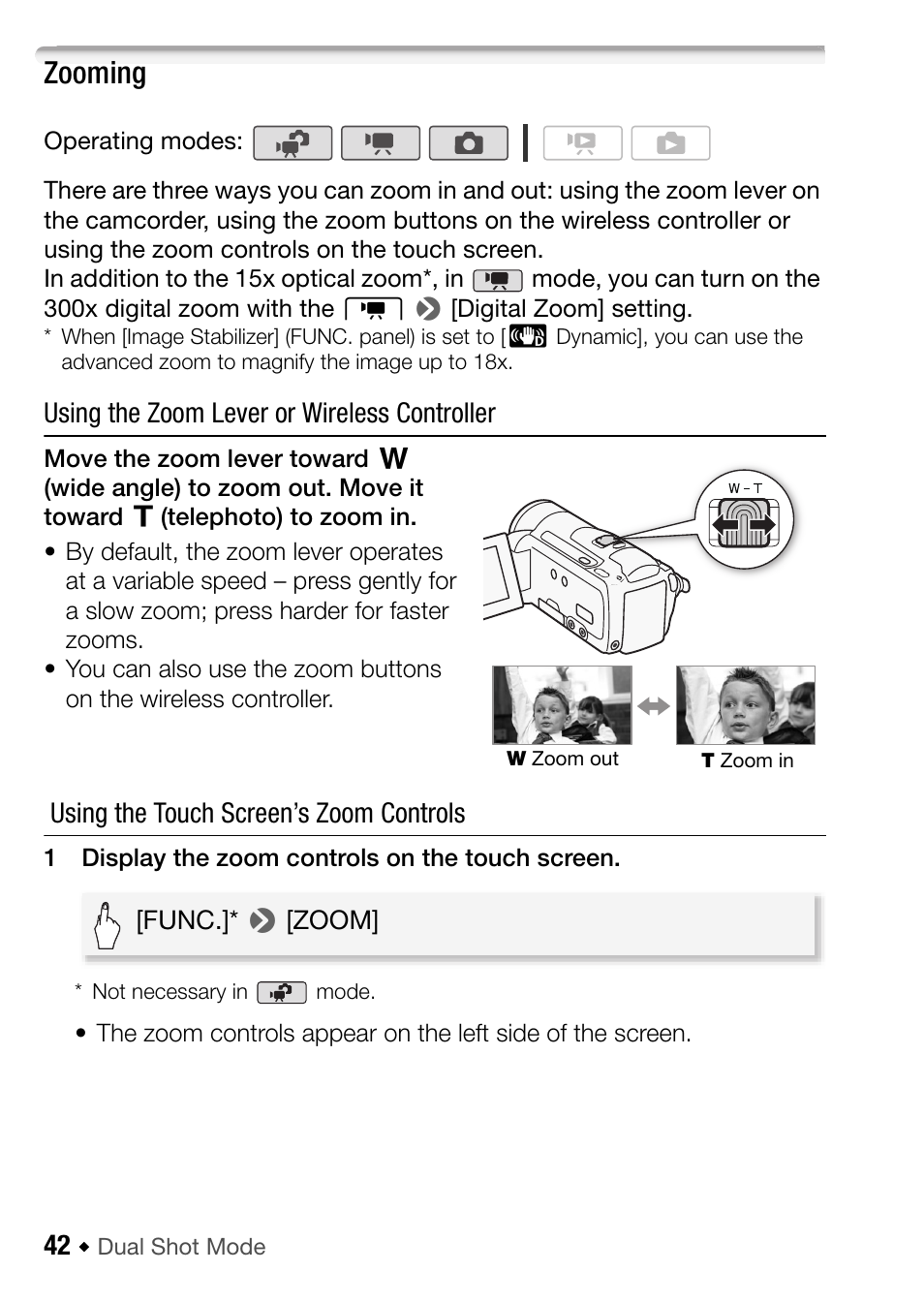 Zooming, Using the zoom lever or wireless controller, Using the touch screen’s zoom controls | Canon HF M31 User Manual | Page 42 / 201